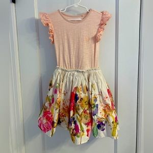 Girls pink cotton dress with floral skirt, size 6yrs